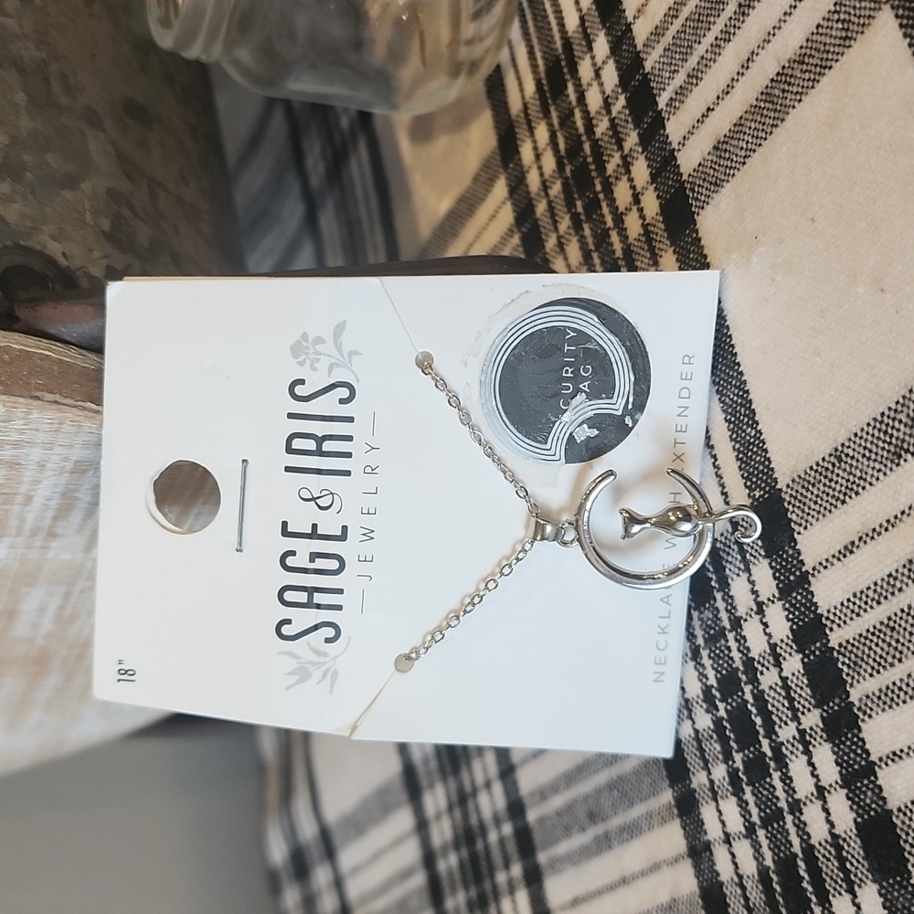Sage & Iris 18" Silver Crescent Moon With Cat Necklace